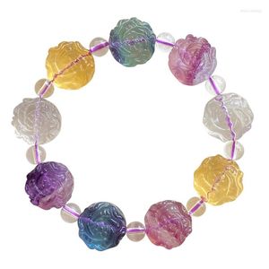 Flores de fios Fluorite Bracelets de pedra natural esculpida Peony Flower Breads Bracelet para mulheres jóias de cristal fresco Fashio
