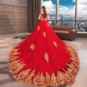 2024 Bir çizgi gelinlik dubai lüks evli elbise artı boyutu şapel tren özel yapım vintage lüks kırmızı altın dantel gelinlik de vestios de novia gelin elbisesi