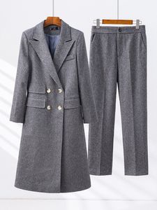 Женские костюмы Blazers Женские брюки костюмы Ladies Grey Coffee Apricot Double Breads Long Blazer Jacket и Brouser Work Business Wear Formal 2 Piece Set 230320