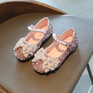Sneakers Spring Kids Leather Shoes Fashion Bowtie Girls Princess Bling Flat Baby Girl SMG155 230317