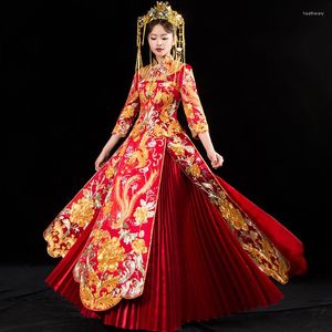 Etnik Giyim Oriental Asya Gelin Güzellik Çin Geleneksel Gelinlik Kadın Kırmızı Çiçek Uzun Kollu Nakış Cheongsam Robe Qipao