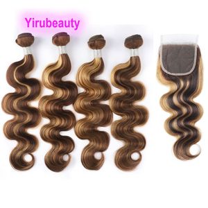 Yirubeauty Double Wefts Peruvian Human Hair 4 Bundles With 4X4 Lace Closure P4 27 Body Wave 10-30inch 5 PCS