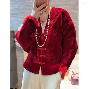 Kadın trençkotları yıl Çin tarzı ipek kadife nakış şarap kırmızı pamuklu kıyafetler kadınlar sıcak kış v yaka tek göğüslü ceket