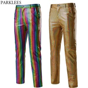 Erkek pantolon gökkuşağı ekose pullu parıltılı pantolonlar erkek 70s parti disko dansçı şarkıcı pantolonlar erkek gece kulübü dj stage balo pantalonları hombre 3xl 230320