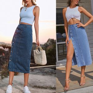 Skirt Front Longline Denim Skirt Button Retro Long Girls High Waist Split Jeans Shorts Straight Maxi Dresses 230321