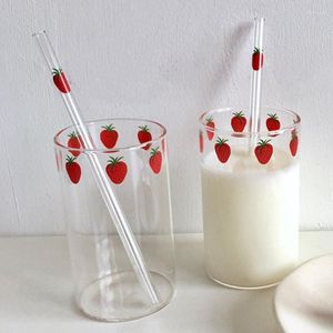 Wine Glasses Strawberry Cute Glass Cup With Straw Creative Transparent Water Student Milk Heat Resistant Nana Drinking