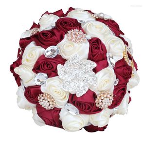 Hochzeitsblumen Strass Braut Brautjungfer Brosche Blumenstrauß 18 cm Weinrot Perle Diamant Satin Rose Promotion Diy Supplies JH006