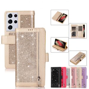 Bling Glitter Кожаные кошельки для Samsung S23 плюс A13 A33 A53 5G S21 S22 iPhone 14 Pro Max 13 Многофункциональный идентификатор Zipper 9 Card Cover Cover Cover Cover Cover