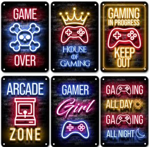 Neon Gaming Gamer плакат винтажные металлические жестяные вывески Sleep Game Retro Metal Metal Planque Wall Art Decor для мальчиков для девочек -игровой комнаты дома 30x20 см W03