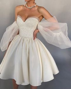 Omuzdan Fildişi Kısa Gelinlik 2023 Sweetheart Puff Kollu Saten Üst Sizli Glitter Bridal Party Gowns Robe De Soiree