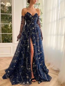 Navy Blue Evening Dresses for Women, Sweetheart Side Split Long Prom Gowns with Sparkling Shining Stars, Formal Dress without Long Gloves