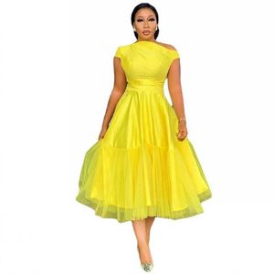 Casual Dresses Yellow Chic Party Dress Women's Summer New Solid Color Neck Waist Mesh A-Line Dress Fashion African Clothes Ankara Robes 2022 G230322