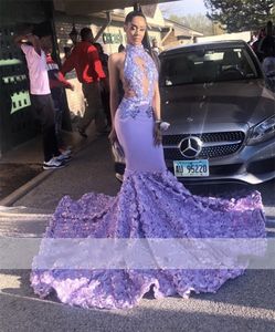 Sexy Purple Mermaid Prom Dresses 2023 Halter Crystal Lace Appliques Ruffles Graduation Party Dress Formal Gowns Robe De Bal Court Train