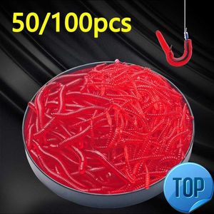 50/100pcs Yaşam benzeri kırmızı solucan yumuşak cazibesi 35mm solucan balıkçı silikon yapay yem balıkları koku karides katkı maddesi bas sazan