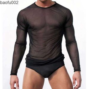 Erkek Tişörtler Erkekler Seksi Şeffaf T-shirt Sheer Mot Muesh Uzun Kollu Tişört Üstleri Çekirdek Fitness Sıkı Siyah/Beyaz Lounge Tees W0322