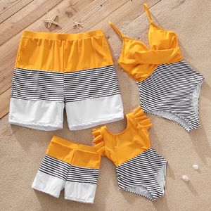 Family Matching Outfits PatPat Swimsuit Striped Colorblock Swim Trunks Shorts and Spaghetti Strap Splicing Swimsuits 230322