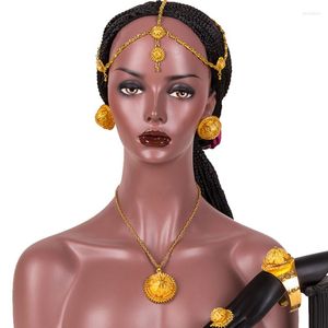 Kolye küpeleri Set Gold Renk Etiyopya Takı Gelin Düğün Alın Parçaları Afrika Eritre Habesha Hediye Saç Pice Kadınlar için