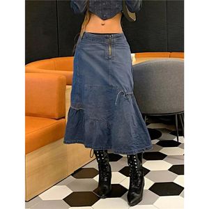 Skirts Xingqing y2k Denim Skirt 2000s Aesthetic Fairy Grunge Women Low Waist Zipper A Line Skirts Korean Fashion Jeans Skirt Streetwear 230322