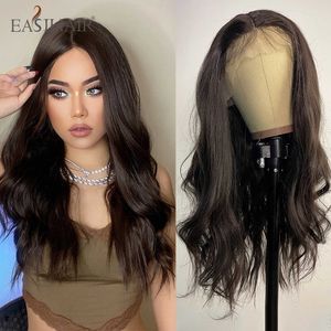 Sentetik peruklar easihair uzun koyu kahverengi dantel ön sentetik doğal saç perukları kadınlar için frontal cosplay yüksek yoğunluk 230227