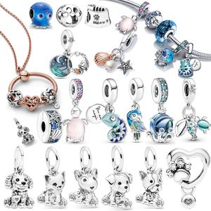 Novo Popular 925 Sterling Silver My Pet Cat Blue Sea esmalte oi Kitty Dangle Fit Fit original Pandora Bracelet Jóias finas