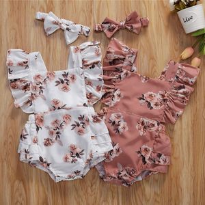 Rompers 024m doğumlu kız bebek romper Born Girls için Beyaz Pembe Çiçek Baskı Romper