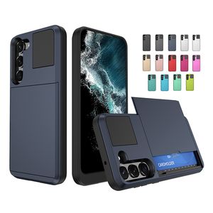 Slayt kartı yuvası cüzdan kılıfları hibrid tpu pc şok geçirmez çift katman iPhone 14 13 12 11 Pro XR XS MAX 8 Samsung S23 Ultra S22 Plus S21 S20 FE NOT 10 20