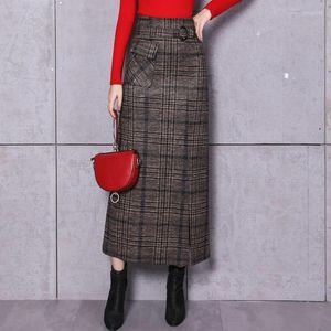 Saias elegantes retro fêmeas hight wight lã saia xadrez longa feminina casual moda vintage maxi jupe longue femme slim