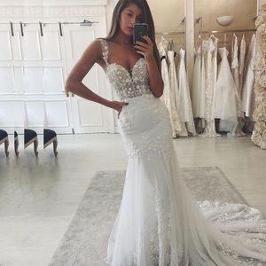 Güzel tatlım deniz kızı gelinlik dantel aplikler gelin elbisesi vintage şapel vestidos de novia spagetti kayış