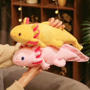 Peluş bebekler 45cm kawaii renkli t peluş oyuncak doldurulmuş sevimli aksolotl semender bulanık peluş peluş balık uygulama uzun yastık yastık çocuk hediyesi 230323