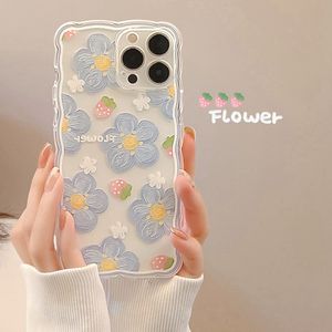 Art Wavy Mavi Çiçek Kılıfları Çilek Sevimli Silikon Yumuşak Arka Kılıf İPhone 14 X XR 7 8 Plus 13 Promax 11 12 Mini Xsmax Telefon CAPA