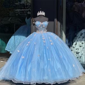 Sevimli prenses quinceanera elbise 2023 kelebek aplikeler boncuklar kristal doğum günü balo tatlı 16 elbisesi vestidos de 15 anos korse 322