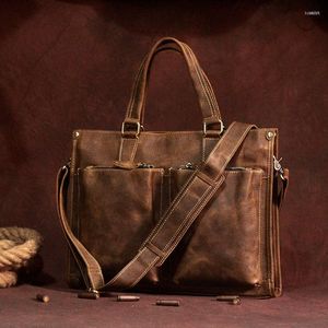 Briefcases Vintage Man Handbag Briefcase Men Shoulder Crazy Horse Genuine Leather Bags Brown Business Fashion 14 Inch Laptop Bag
