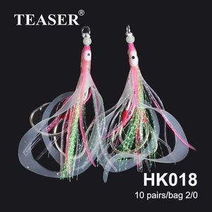 Balıkçılık Kancaları Teaser 10pcs Twin Assist Fishhook Jig Balıkçılık Yem Yapay Silikon Yumuşak Etek Kalamar Yemleri Aydınlık Çift Kanca Tai Kabura P230317