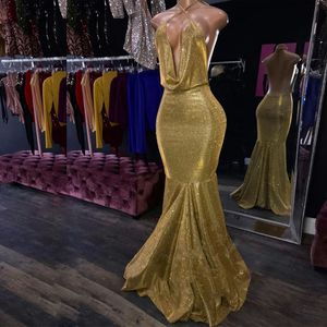 Parlak Altın Denizkızı Gece Elbise Yatağı Arka Çıkmaz Glitter Prom Elbisesi Derin V Boyun Süpürme Tren Junior Girls Mezuniyet Elbisesi 2023