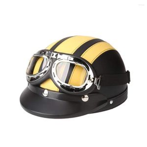 Motosiklet Kaskları Sarı Kask Açık Yüz Bisiklet Bisiklet Scooter Yarım Deri Visor Goggles Retro 54-60cm