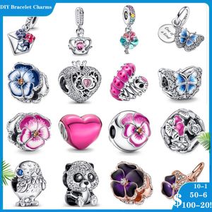 925 Siver Beads Charms for Pandora Bracelets Designer для женщин розовый синий цветочный буква бабочка очарование
