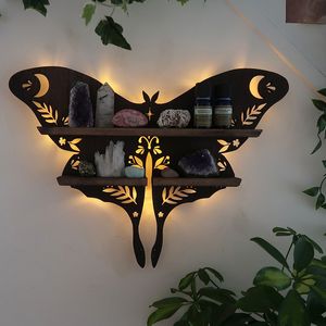 Portaoggetti Rack Luna Moth Lamp Crystal Shelf Oil Storage Rack Butterfly Display da parete in legno Decor Wall Mount Soggiorno Home Organizer Shelf 230324
