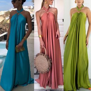 Vestidos casuais moda de verão cetim maxi vestido 2023 mulheres hinter halter sem mangas de volta