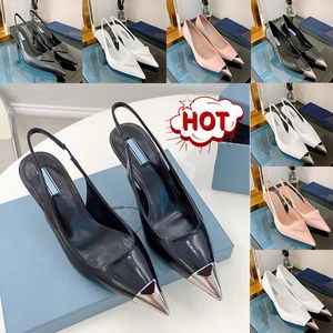 Luksusowa sukienka Buty damskie Slingback Sandały czółenka Wysokie obcasy 75mm Logo Szpiczaste palce Czółenka ze szczotkowanej skóry Moda damska Projektant Wedding Party sandały z pudełkiem