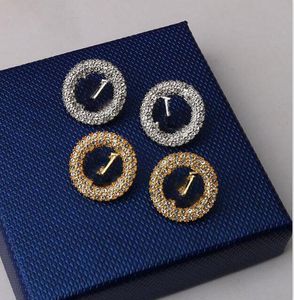 Lüks Tasarımcılar Mektuplar Çember Stud Geometrik Altın Kaplama 925 Gümüş Kadın Kristal Rhinestone Büyük Küpe Düğün Partisi Jewerlry