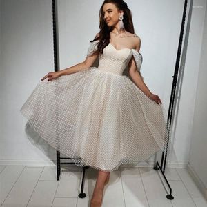 Gelinlik 50s vintage elbiseler çay uzunluğu kısa gelin elbiseleri kapalı omuz noktalı tül klasik vestidos de noiva korse geri