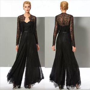 Fashion Black Lace Jumpsuit Mother Of The Bride Pant Suits Sweetheart Neck Wedding Guest Dress With Jackets Plus Size Mothers Groom Dresses