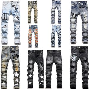 Jeans da uomo firmati Amirs High Street Hole Star Patch Pantaloni da donna ricamati da uomo Pantaloni slim fit elasticizzati taglia 29/30/31/32/33/34/36/38