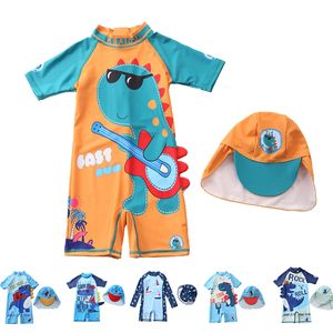 Oneepieces upf50 bebek mayo erkekler karikatür dinozor yürümeye başlayan çocuk çocuk fermuarlı mayo ile güneş şapkası döküntü koruyucusu sörf takım elbise banyo 230327