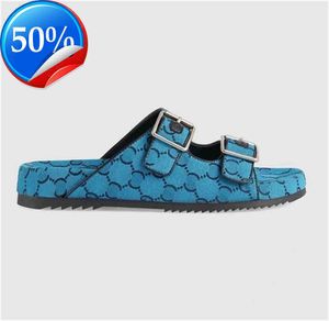 Slippers 2022 Women Multicolor Flat Sandals With 2 Straps Lady Fashion Metal Buckle Beach Slides Men's lace-up Scuffs For Sum