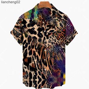 Camisas casuais masculinas de manga curta masculina camisa havaiana moda moda leopard estampa 3d estampa urbana tendência versátil lapela fina de grandes dimensões camisa personalizada w0328