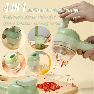 Fruit Vegetable Tools 4 In1 Multifunctional Electric Vegetable Cutter Rotate Slicer Garlic Mud Masher Garlic Chopper Cutting Pressing Mixer Food Slice 230328