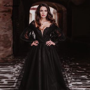 Parti elbiseleri lakshmigown siyah dres kabarık uzun kollu gelinlikler vestido longo festa sweetheart boncuklu gotik gelin 230328