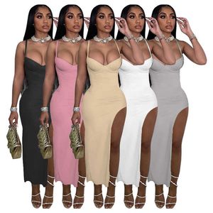 Yeni kadınlar rahat elbise moda maxi elbise düz renk strappy seksi elbise yular kolsuz yarık bayanlar uzun elbise