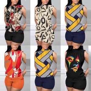 Оптовые дизайнерские повседневные женщины тканевая пейзажа 8 цветов Два кусочка наряда модные свободные шорты без рукавов костюмы для женщин